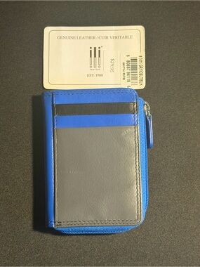 NWT ili New York Genuine Leather RFID Wallet Blue Gray Zip Card Case